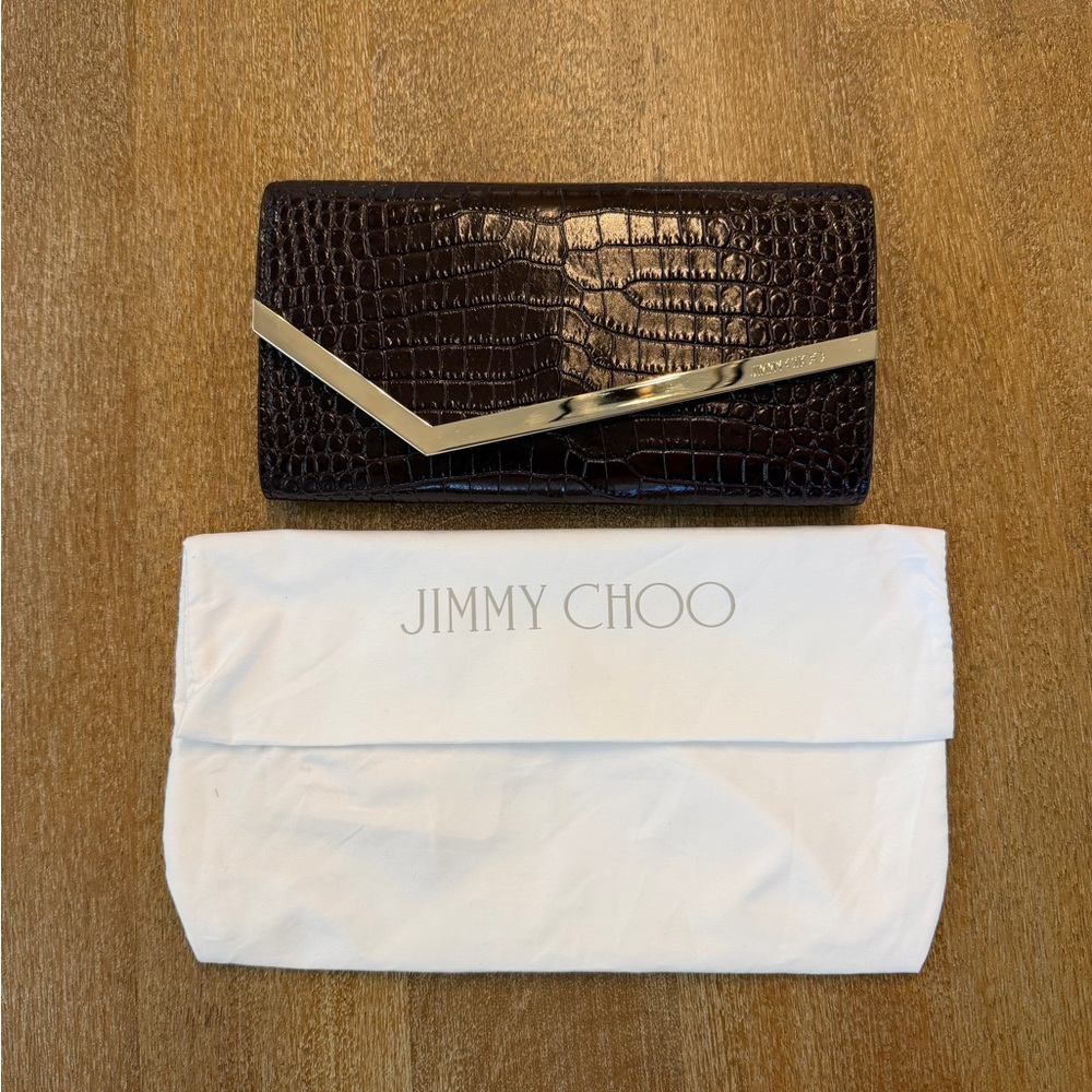 Jimmy Choo Brown Croc-Embossed Clutch with Gold Detail